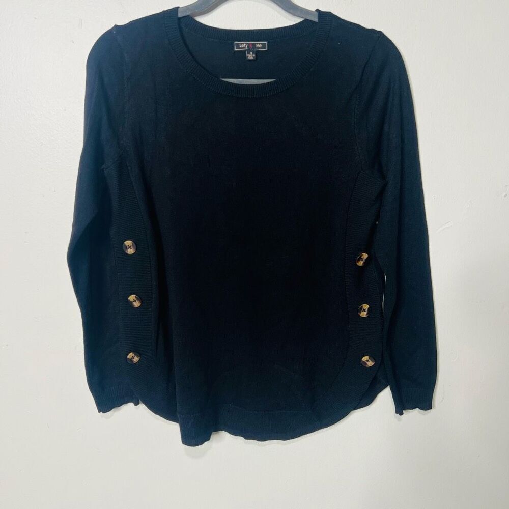 Lety & Me Black Sweater Brown Buttons Down the Sides Sz S
